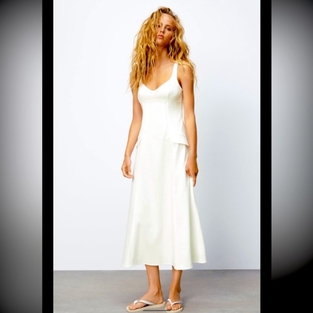Zara White Textured Midi Dress